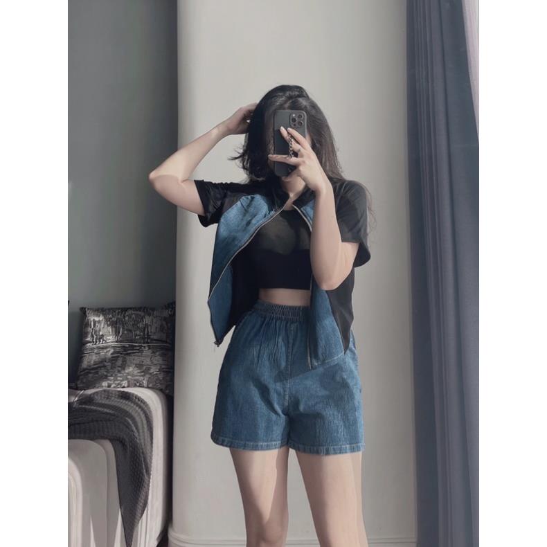 BỘ ĐÙI BÒ XANH PHỐI ĐEN KÉO KHOÁ CHO NỮ