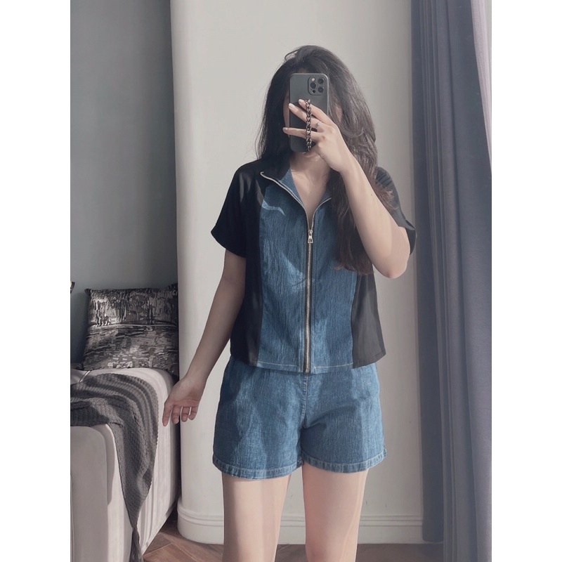 BỘ ĐÙI BÒ XANH PHỐI ĐEN KÉO KHOÁ CHO NỮ