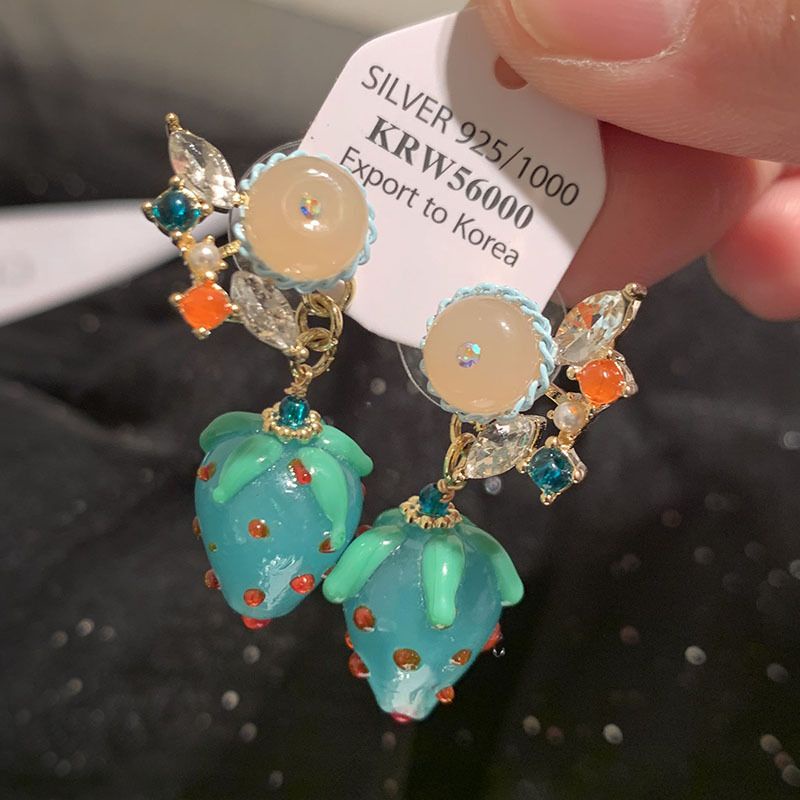 Bông Tai Mạ Bạc 925 Hai Mặt Hình Trái Dâu Xinh Xắn