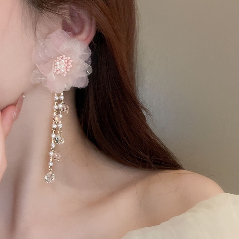 Bông Tai Bạc Hình Hoa Lưới Đính Ngọc Trai Thời Trang