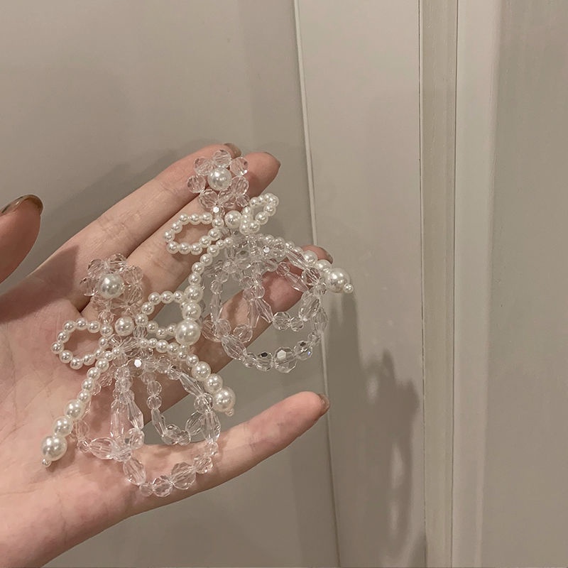 Bông Tai Dáng Dài Hình Nơ Phối Hoa Trong Suốt Đính Ngọc Trai Thời Trang Cho Nữ