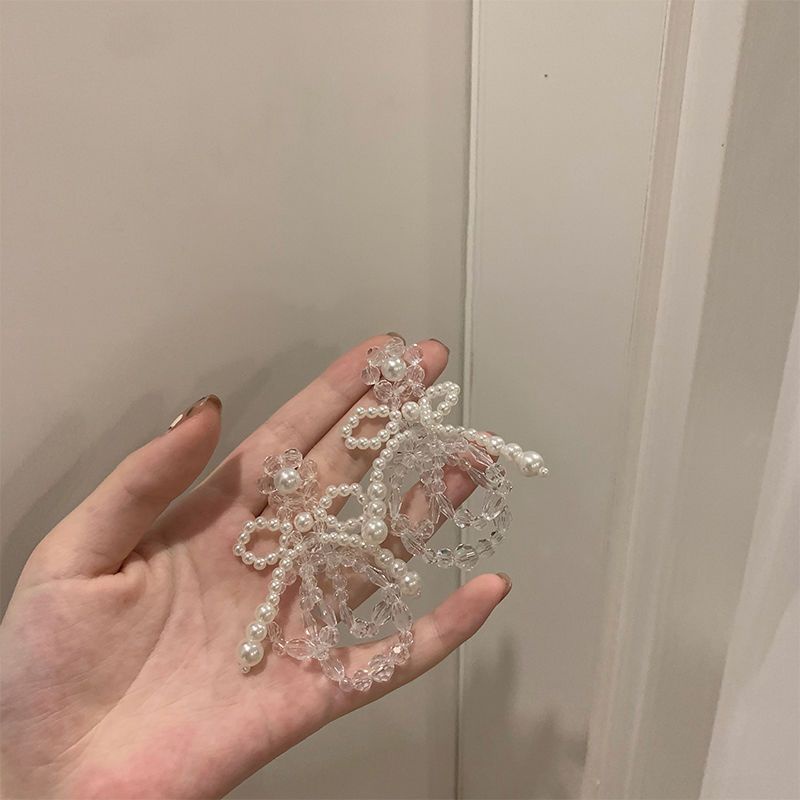 Bông Tai Dáng Dài Hình Nơ Phối Hoa Trong Suốt Đính Ngọc Trai Thời Trang Cho Nữ