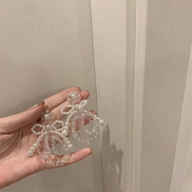 Bông Tai Dáng Dài Hình Nơ Phối Hoa Trong Suốt Đính Ngọc Trai Thời Trang Cho Nữ