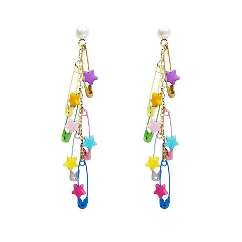 Khuyên Tai Ngôi Sao Màu Sắc Tương Phản Đính Ngọc Trai Phối Tua Rua Dài Thời Trang Cho Nữ