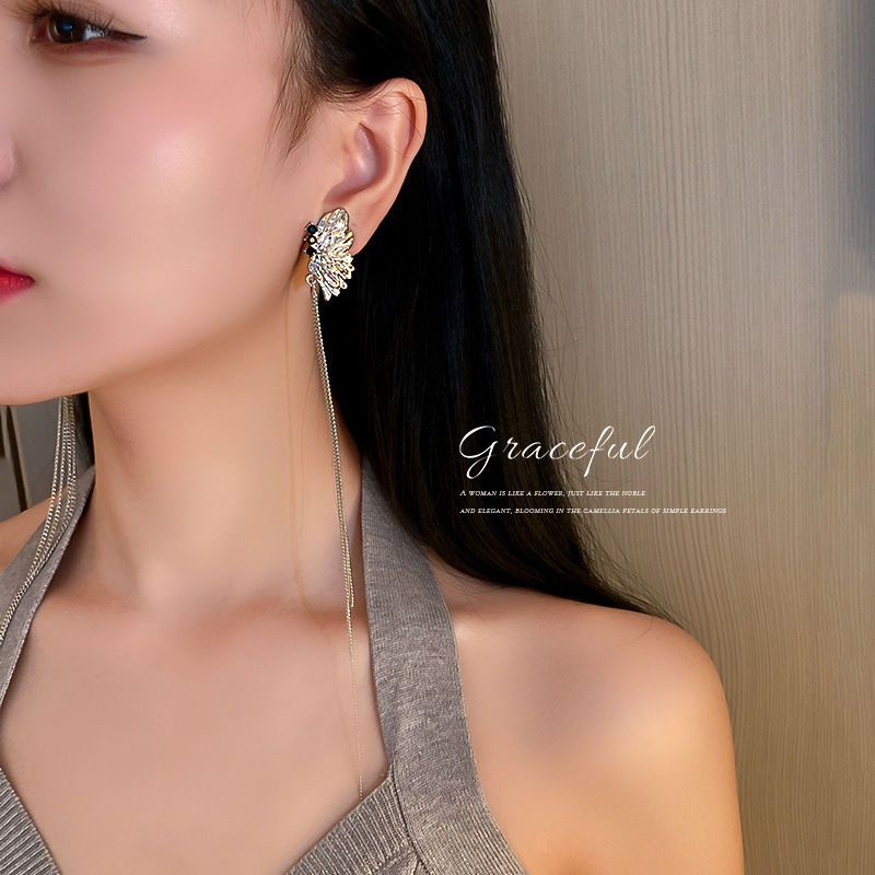 Bông Tai Mạ Bạc 925 Dáng Dài Hình Bướm Đính Kim Cương Giả Phong Cách Retro Pháp Cho Nữ