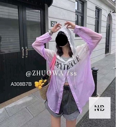 Áo Khoác Gió 1 Lớp Pha Màu ,Áo Sơ Mi Nữ In Chữ CHATEAUE Màu Loang Có Nón Dáng Rộng Phong Cách Retro Âu Mỹ -AK087