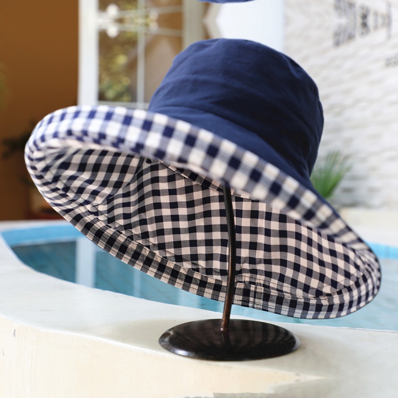 Mũ Tai Bèo Rộng Vành Che Nắng Hai Mặt Họa Tiết Sọc Caro Thời Trang Xuân Hè Cho Nữ
