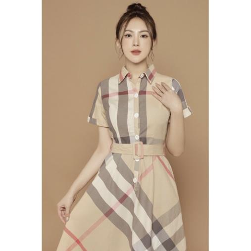 Đầm xoè sơ mi caro kèm belt cao cấp