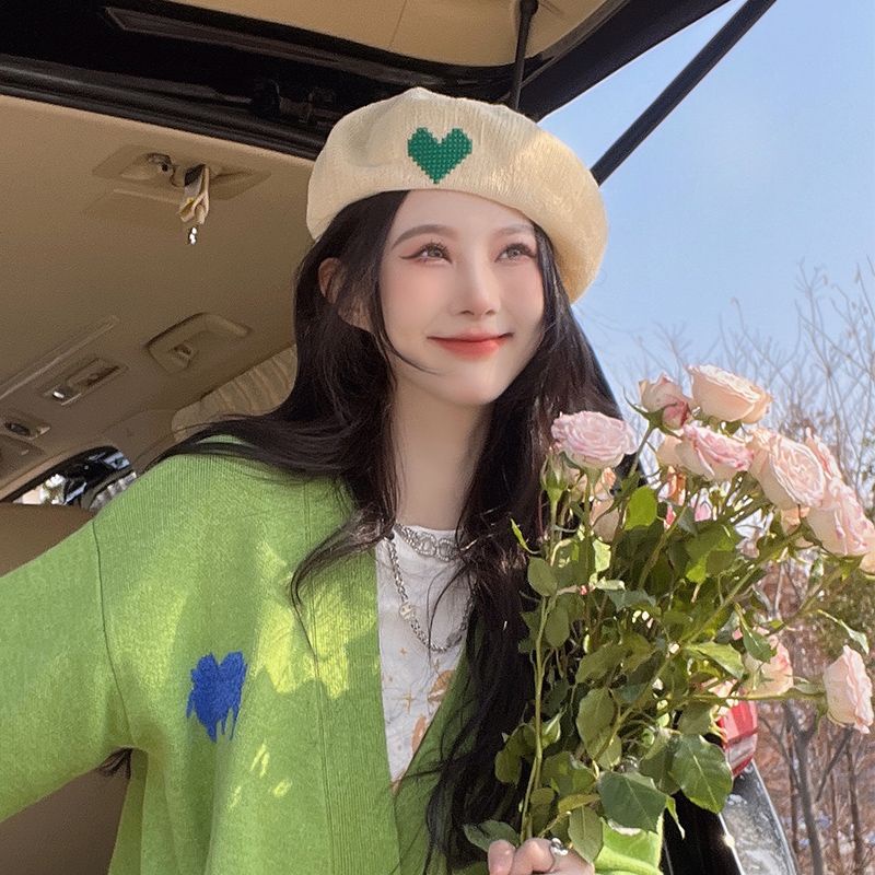 Mũ Beret Mỏng Thoáng Khí Họa Tiết Trái Tim Dễ Thương Thời Trang Xuân Thu Cho Nữ