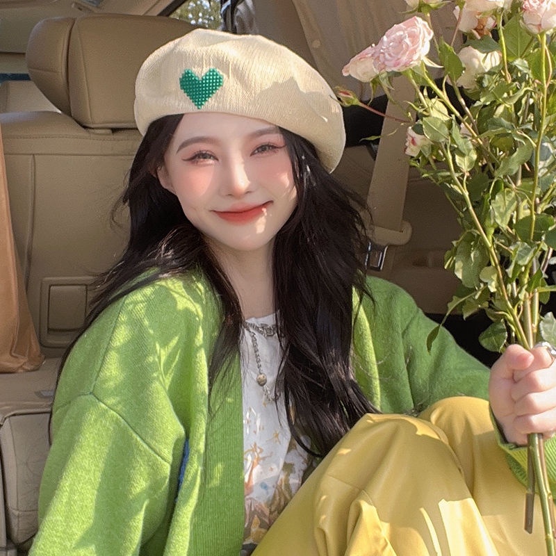 Mũ Beret Mỏng Thoáng Khí Họa Tiết Trái Tim Dễ Thương Thời Trang Xuân Thu Cho Nữ