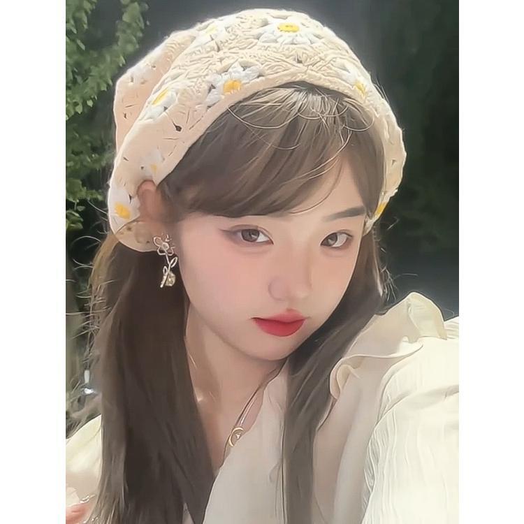 Mũ Turban Đan Móc Thủ Công Họa Tiết Hoa Cúc Nhỏ Dễ Thương Thời Trang Xuân Thu Cho Nữ