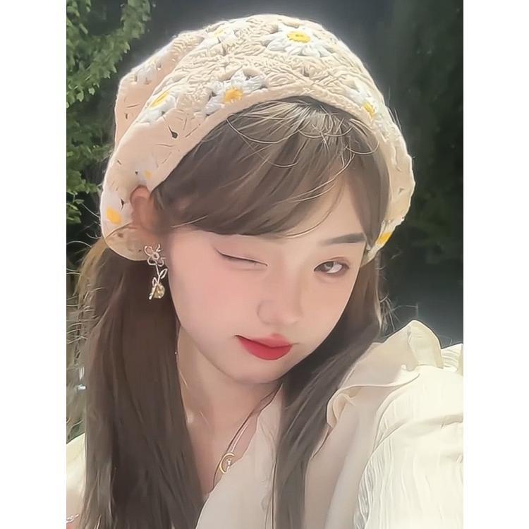 Mũ Turban Đan Móc Thủ Công Họa Tiết Hoa Cúc Nhỏ Dễ Thương Thời Trang Xuân Thu Cho Nữ