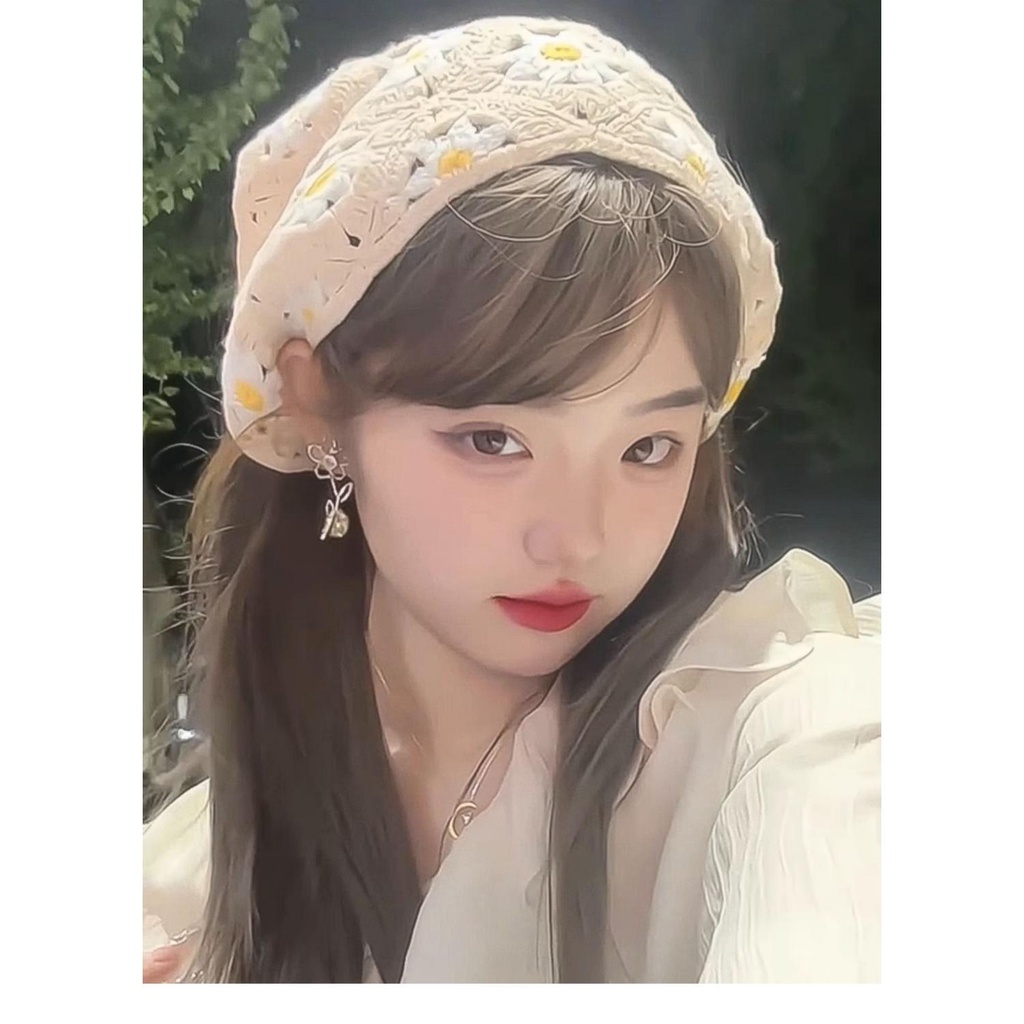 Mũ Turban Đan Móc Thủ Công Họa Tiết Hoa Cúc Nhỏ Dễ Thương Thời Trang Xuân Thu Cho Nữ