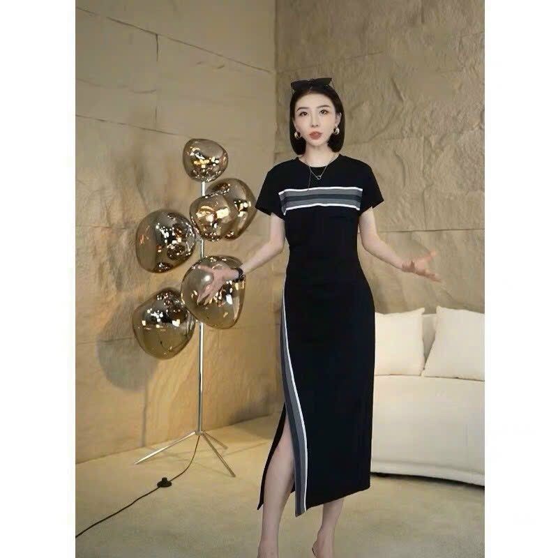HÀNG NHẬP - ĐẦM THUN XẺ TÀ PHỐI SỌC XÁM