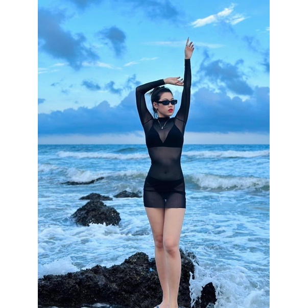 Áo lưới body xuyên thấu tay dài mặc cùng bikini