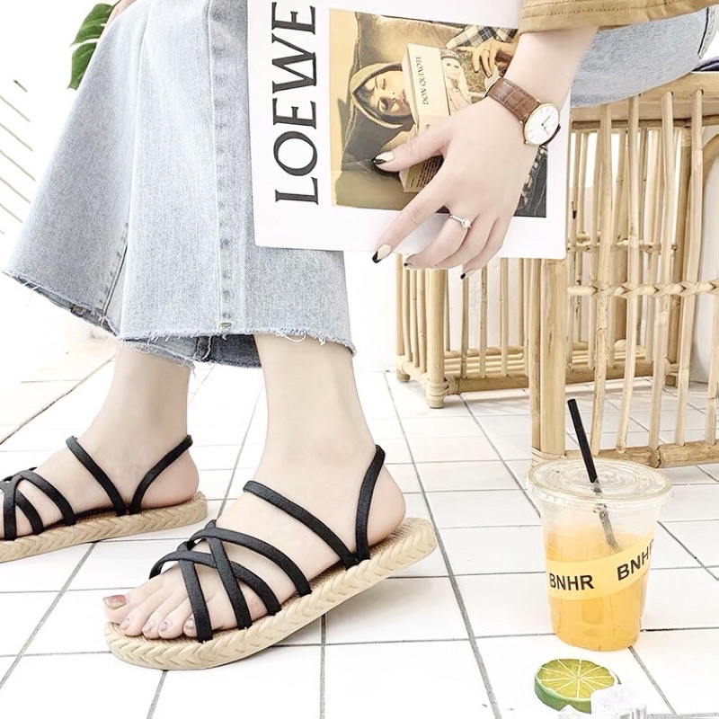 Sandal giả cói hàng  Quảng Châu- Sandal quai chéo cao su dẻo giả cói chống nước