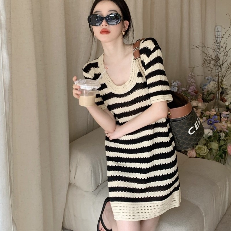 Jiashucheng Đầm Dệt Kim Ngắn Tay Dáng Chữ a Họa Tiết Kẻ Sọc Thời Trang Mùa Hè Cho Nữ