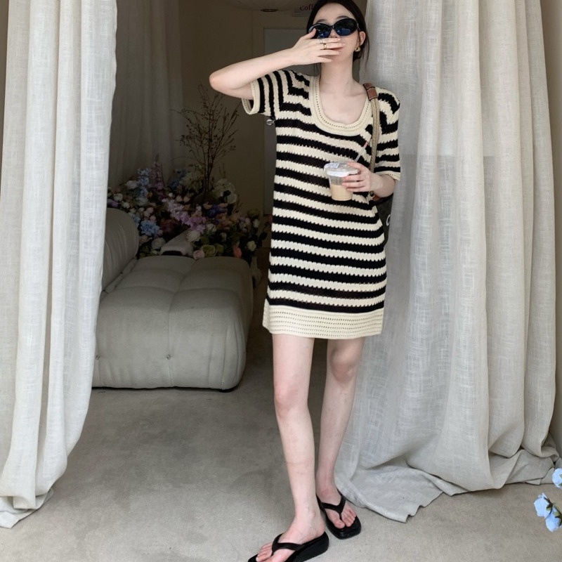 Jiashucheng Đầm Dệt Kim Ngắn Tay Dáng Chữ a Họa Tiết Kẻ Sọc Thời Trang Mùa Hè Cho Nữ