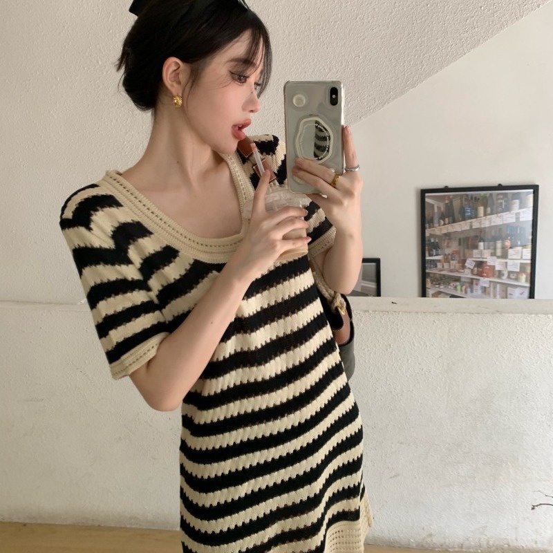 Jiashucheng Đầm Dệt Kim Ngắn Tay Dáng Chữ a Họa Tiết Kẻ Sọc Thời Trang Mùa Hè Cho Nữ