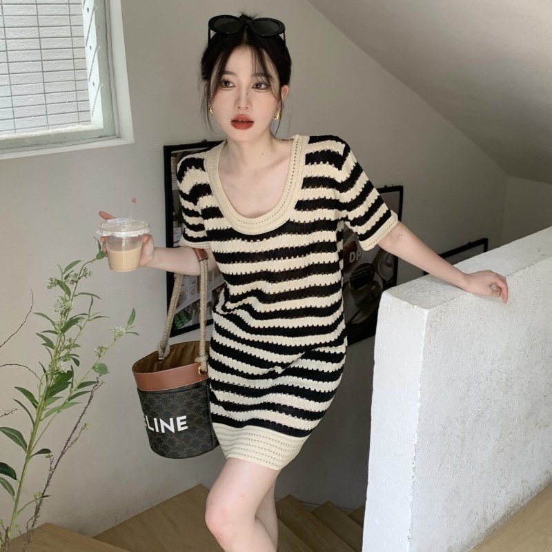 Jiashucheng Đầm Dệt Kim Ngắn Tay Dáng Chữ a Họa Tiết Kẻ Sọc Thời Trang Mùa Hè Cho Nữ