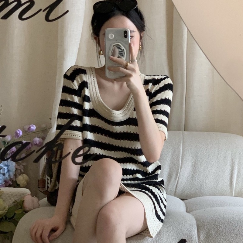 Jiashucheng Đầm Dệt Kim Ngắn Tay Dáng Chữ a Họa Tiết Kẻ Sọc Thời Trang Mùa Hè Cho Nữ