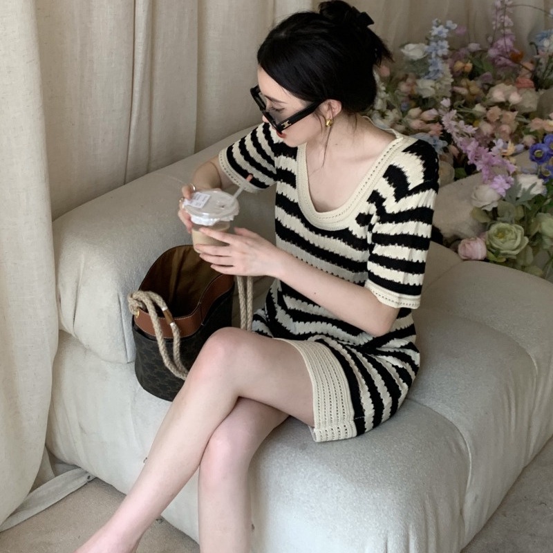 Jiashucheng Đầm Dệt Kim Ngắn Tay Dáng Chữ a Họa Tiết Kẻ Sọc Thời Trang Mùa Hè Cho Nữ