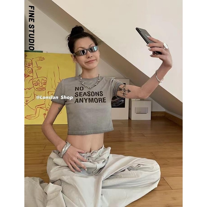 Áo Thun Ngắn Cổ Tròn Dáng Ôm In Chữ Phong Cách Retro