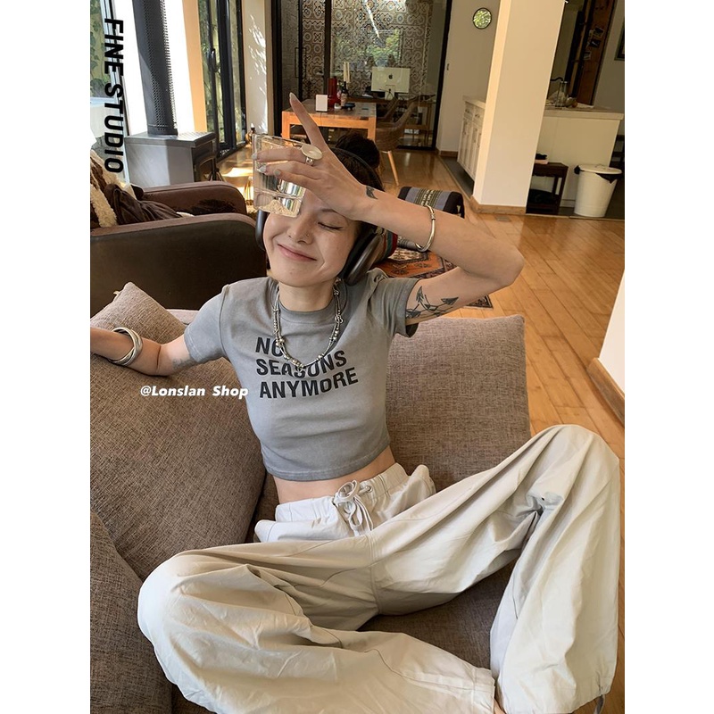 Áo Thun Ngắn Cổ Tròn Dáng Ôm In Chữ Phong Cách Retro