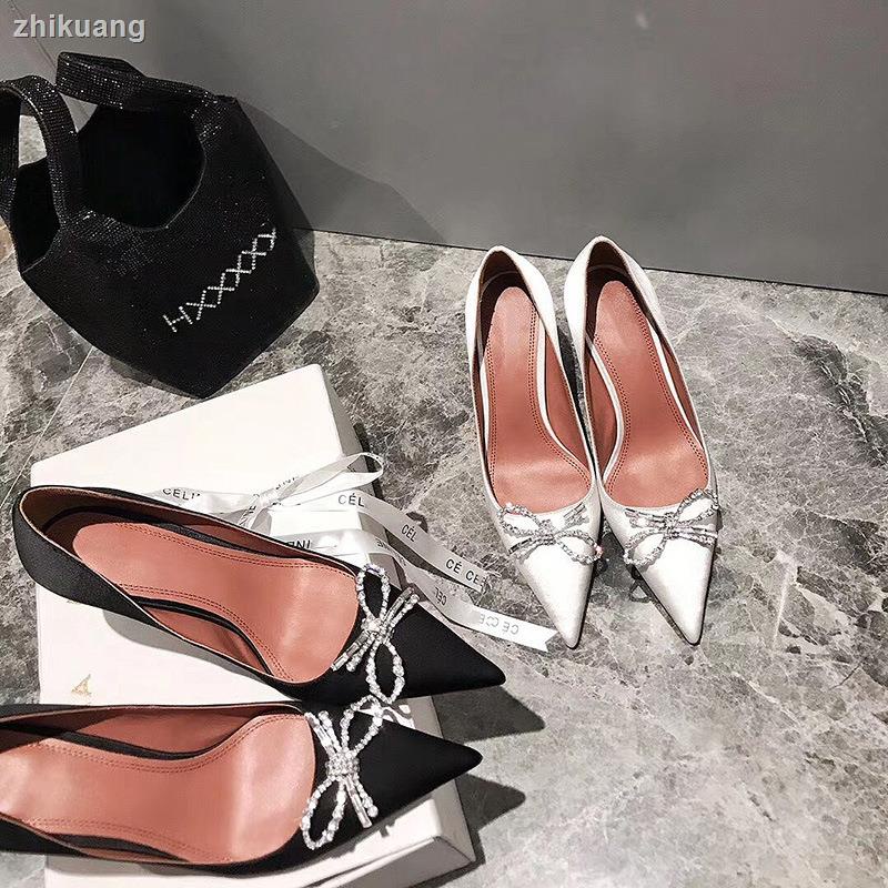 Giày Cao Gót Mũi Nhọn Miệng Nông Bằng satin Đính Đá Thời Trang Xuân Thu Hàng Mới