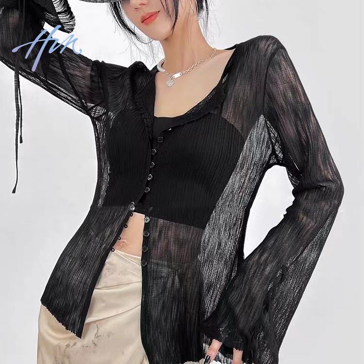 Áo Dệt Kim Mỏng Tay Loe Chống Nắng Màu Đen Thời Trang Cao Cấp Cho Nữ