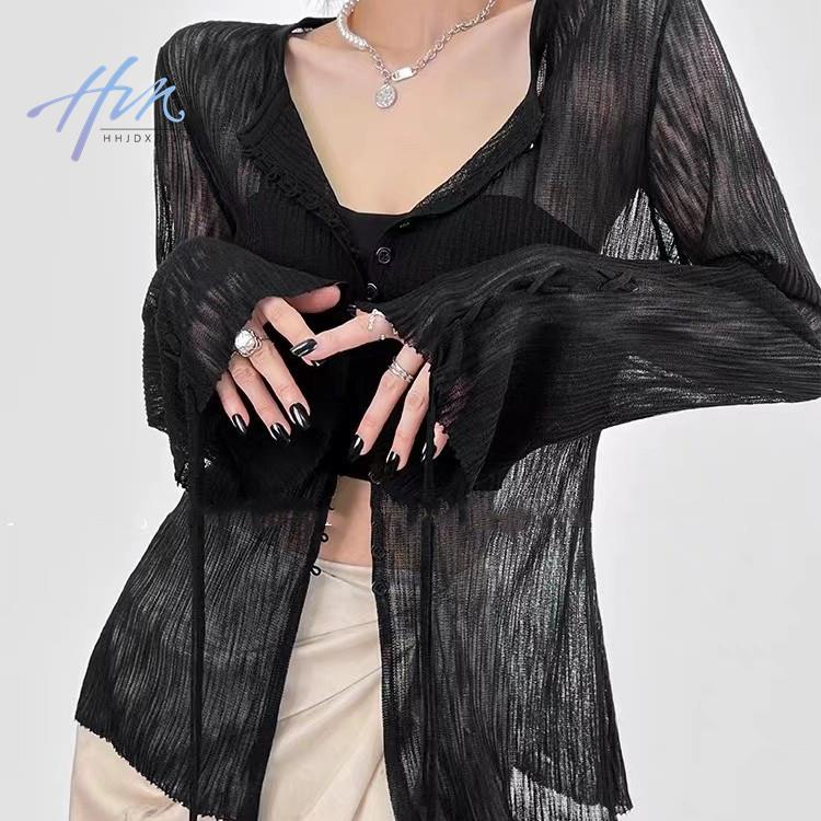Áo Dệt Kim Mỏng Tay Loe Chống Nắng Màu Đen Thời Trang Cao Cấp Cho Nữ