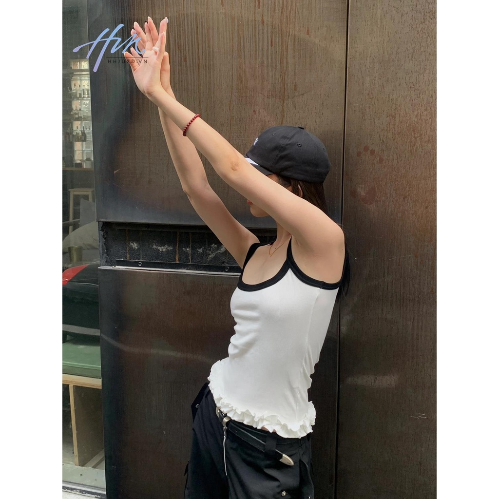 Áo Hai Dây Cotton Màu Trắng Đen Thiết Kế Xếp Ly Ôm Dáng Đơn Giản Hợp Thời Trang Cho Nữ