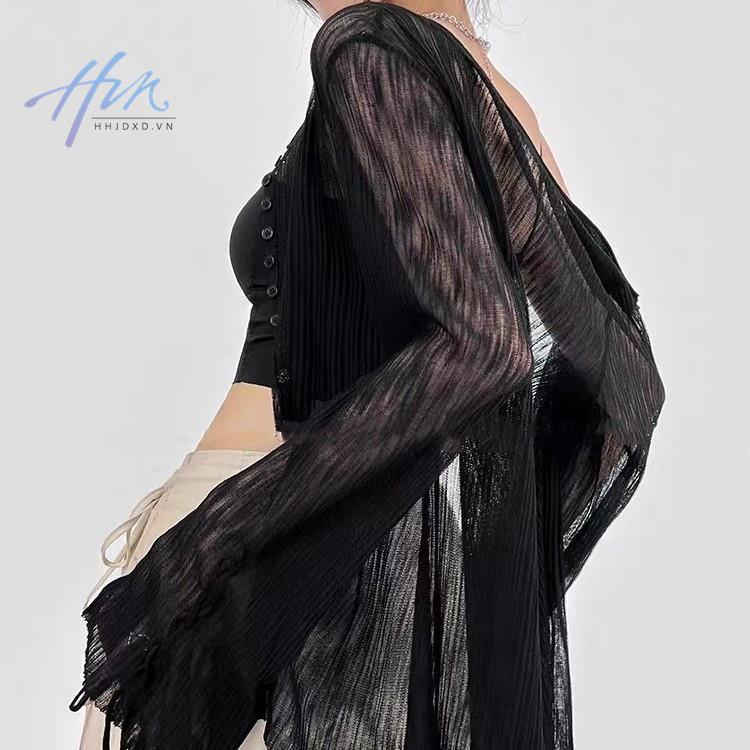 Áo Dệt Kim Mỏng Tay Loe Chống Nắng Màu Đen Thời Trang Cao Cấp Cho Nữ