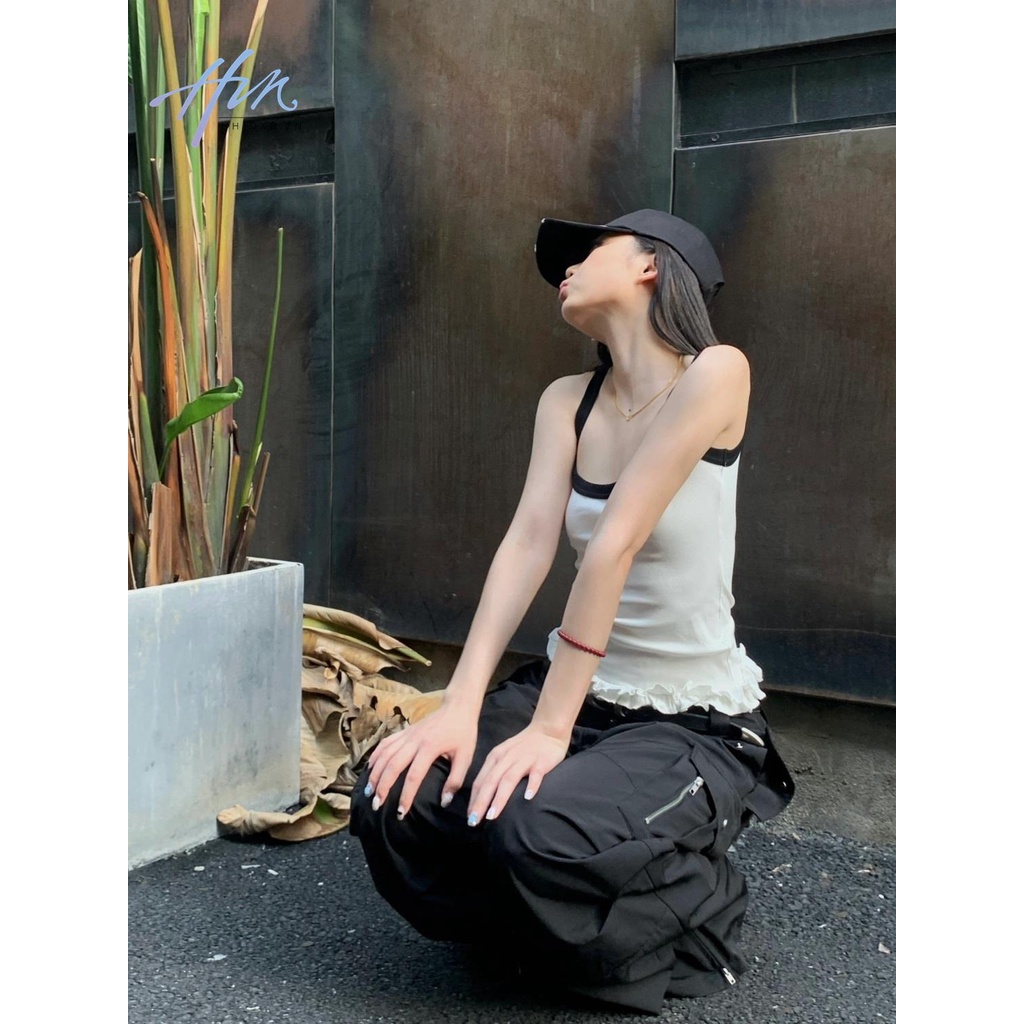 Áo Hai Dây Cotton Màu Trắng Đen Thiết Kế Xếp Ly Ôm Dáng Đơn Giản Hợp Thời Trang Cho Nữ