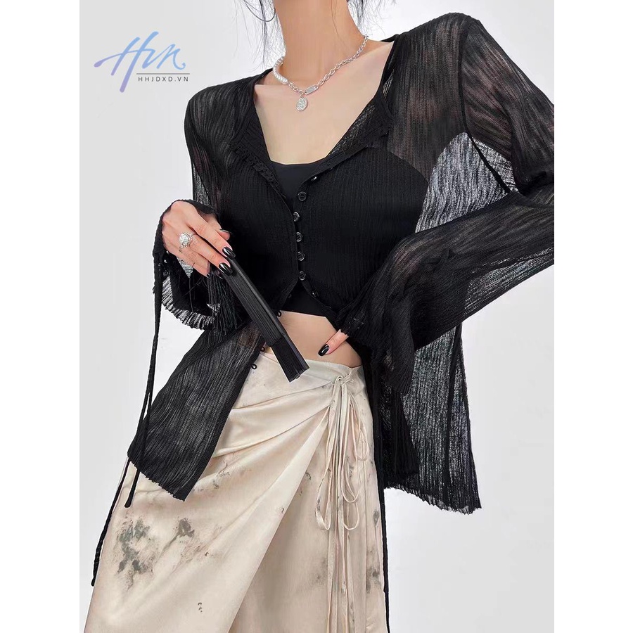 Áo Dệt Kim Mỏng Tay Loe Chống Nắng Màu Đen Thời Trang Cao Cấp Cho Nữ