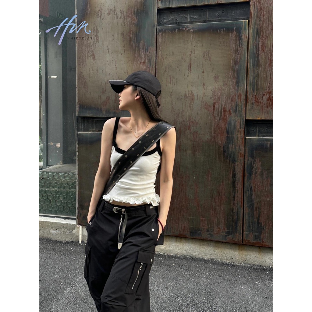 Áo Hai Dây Cotton Màu Trắng Đen Thiết Kế Xếp Ly Ôm Dáng Đơn Giản Hợp Thời Trang Cho Nữ