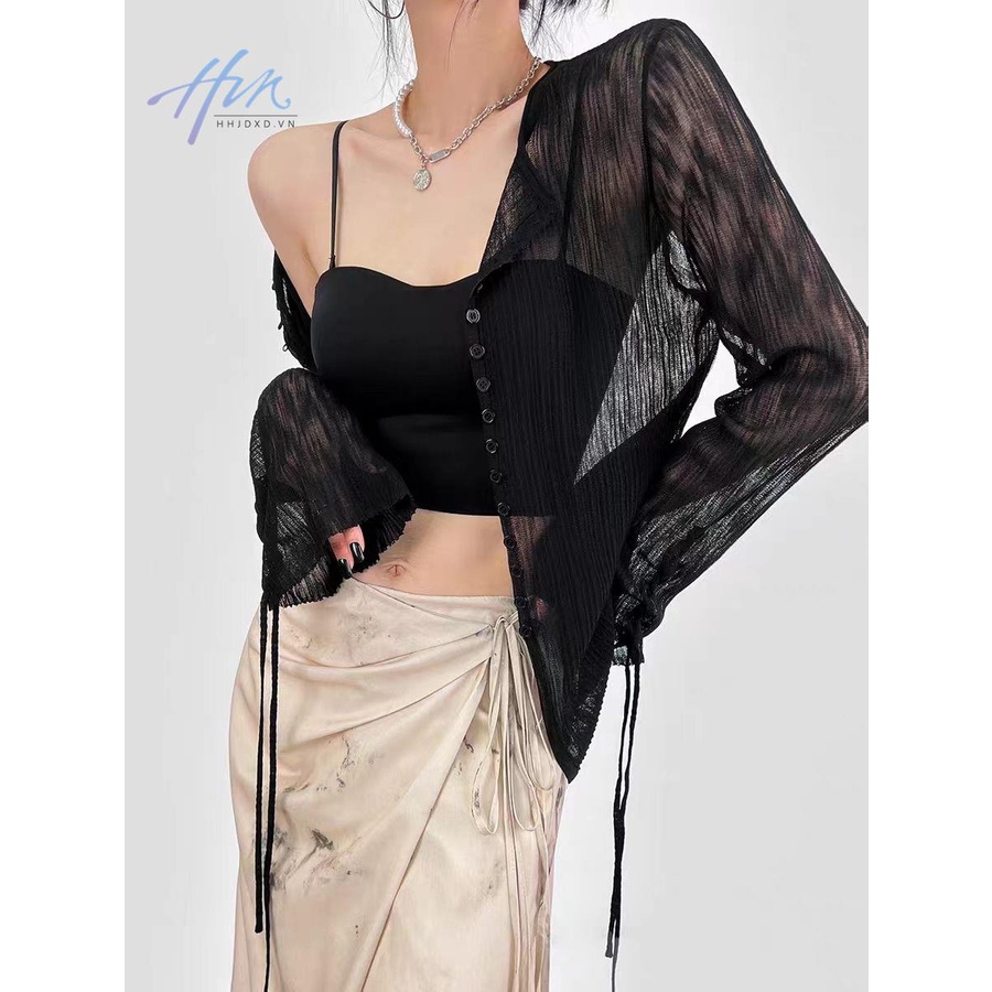 Áo Dệt Kim Mỏng Tay Loe Chống Nắng Màu Đen Thời Trang Cao Cấp Cho Nữ