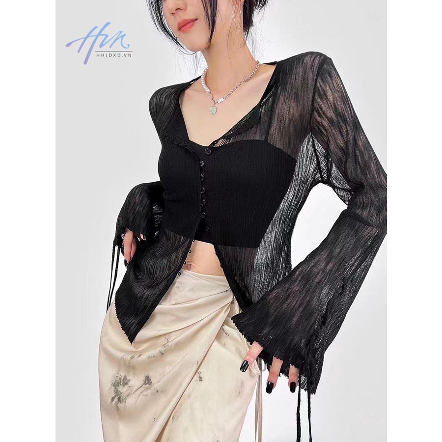 Áo Dệt Kim Mỏng Tay Loe Chống Nắng Màu Đen Thời Trang Cao Cấp Cho Nữ