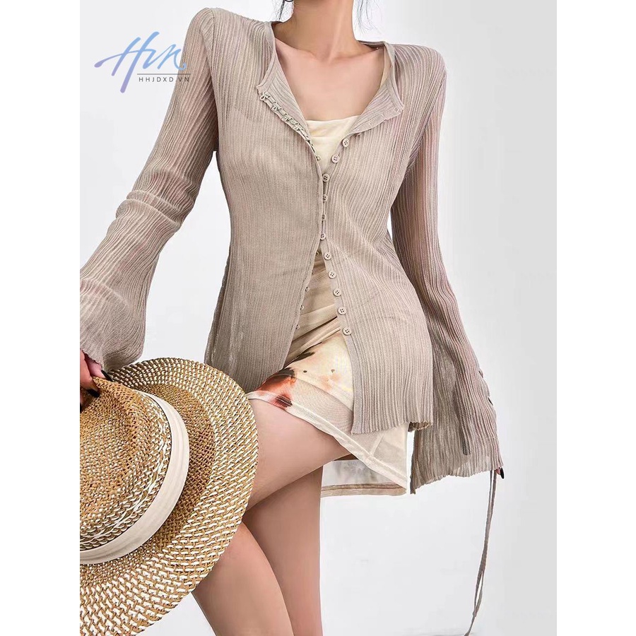 Áo Dệt Kim Mỏng Tay Loe Chống Nắng Màu Đen Thời Trang Cao Cấp Cho Nữ