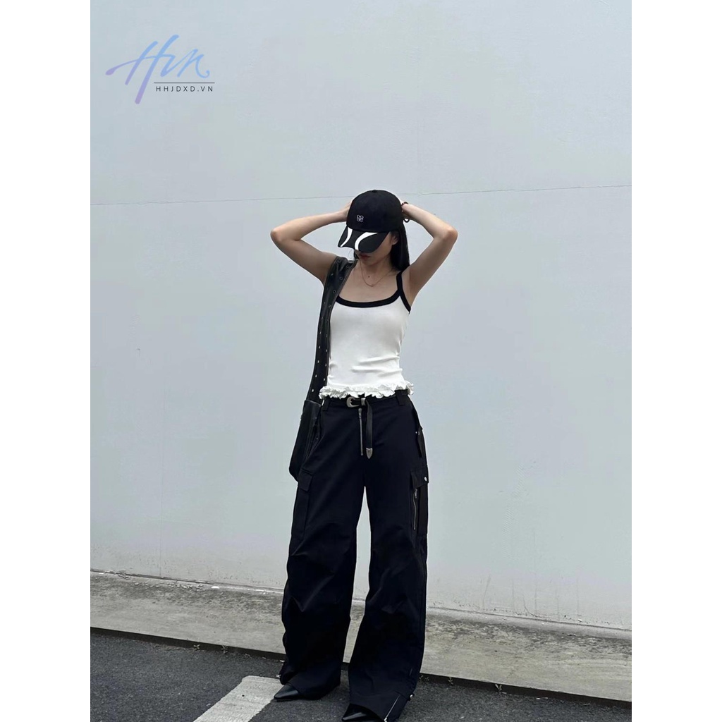 Áo Hai Dây Cotton Màu Trắng Đen Thiết Kế Xếp Ly Ôm Dáng Đơn Giản Hợp Thời Trang Cho Nữ