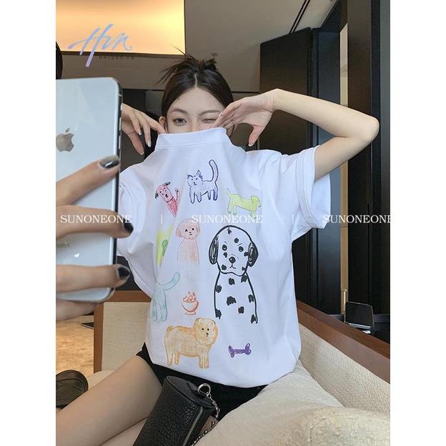 Áo Thun Cotton Nguyên Chất Tay Ngắn In Họa Tiết Hoạt Hình Động Vật Dễ Phối Đồ Thời Trang Mùa Hè Cho Nữ