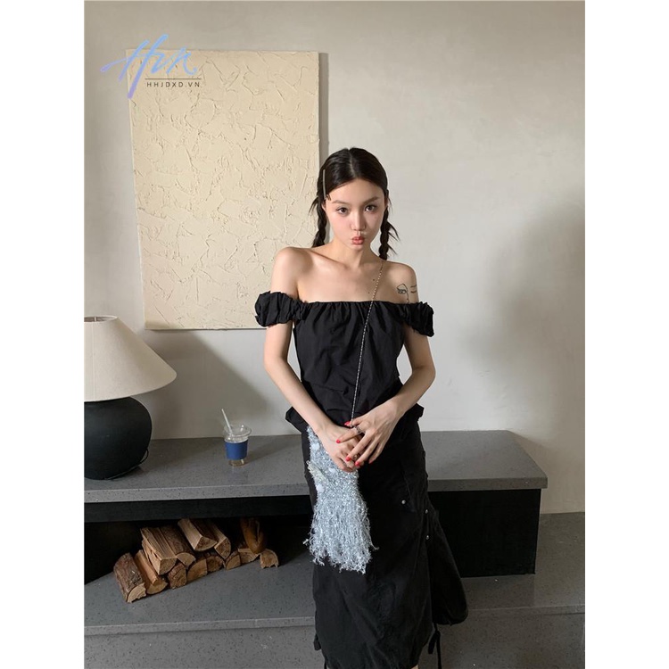 Kumikumi Áo Sơ Mi Ngắn Ôm Dáng Hở Vai Màu Đen Phong Cách Pháp Thời Trang Mùa Hè Dành Cho Nữ