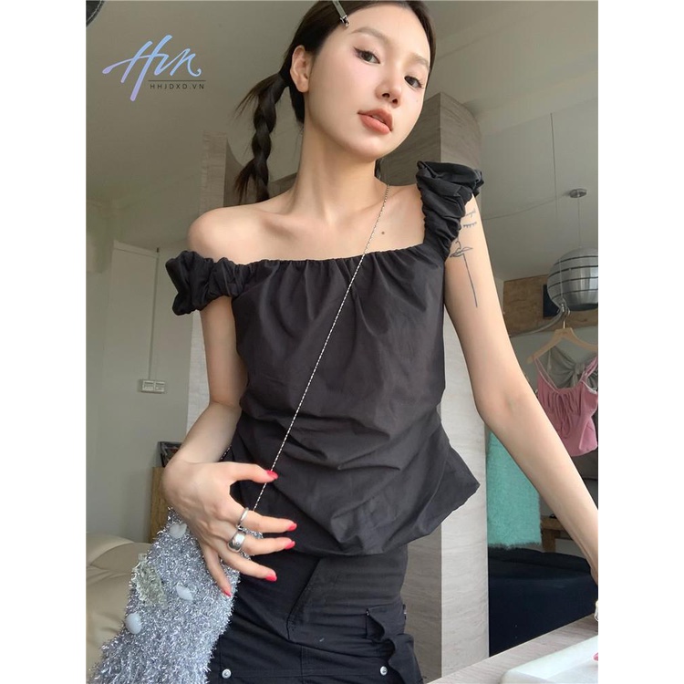 Kumikumi Áo Sơ Mi Ngắn Ôm Dáng Hở Vai Màu Đen Phong Cách Pháp Thời Trang Mùa Hè Dành Cho Nữ