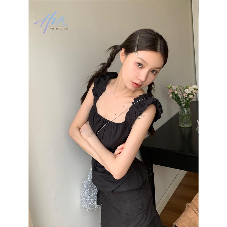 Kumikumi Áo Sơ Mi Ngắn Ôm Dáng Hở Vai Màu Đen Phong Cách Pháp Thời Trang Mùa Hè Dành Cho Nữ