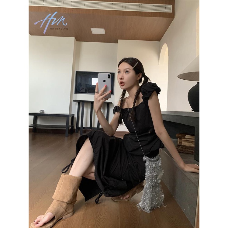 Kumikumi Áo Sơ Mi Ngắn Ôm Dáng Hở Vai Màu Đen Phong Cách Pháp Thời Trang Mùa Hè Dành Cho Nữ