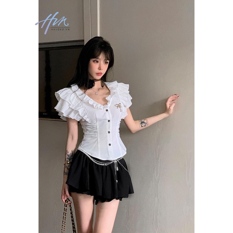 Áo Sơ Mi Tay Ngắn Cổ Chữ v Ôm Eo Phong Cách Pháp Thời Trang Mùa Hè Cho Nữ