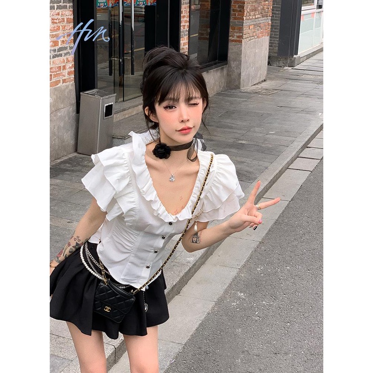 Áo Sơ Mi Tay Ngắn Cổ Chữ v Ôm Eo Phong Cách Pháp Thời Trang Mùa Hè Cho Nữ