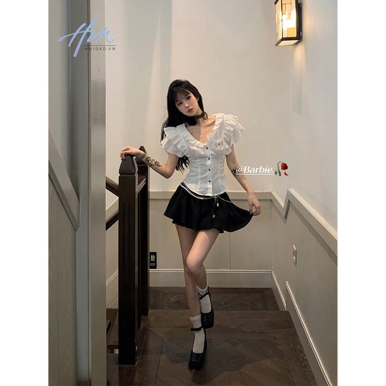 Áo Sơ Mi Tay Ngắn Cổ Chữ v Ôm Eo Phong Cách Pháp Thời Trang Mùa Hè Cho Nữ