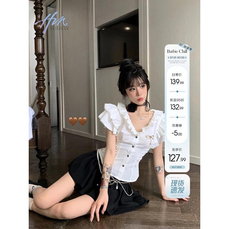 Áo Sơ Mi Tay Ngắn Cổ Chữ v Ôm Eo Phong Cách Pháp Thời Trang Mùa Hè Cho Nữ