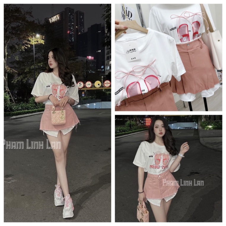 𝗩𝗶𝗱𝗲𝗼 𝗔̉𝗻𝗵 𝗧𝗵𝗮̣̂𝘁 ✔ Sét áo cộc hình giày đính nơ mix phần chân váy kaki Áo ct khô sịn đẹp cv kaki chéo mềm có quần tr